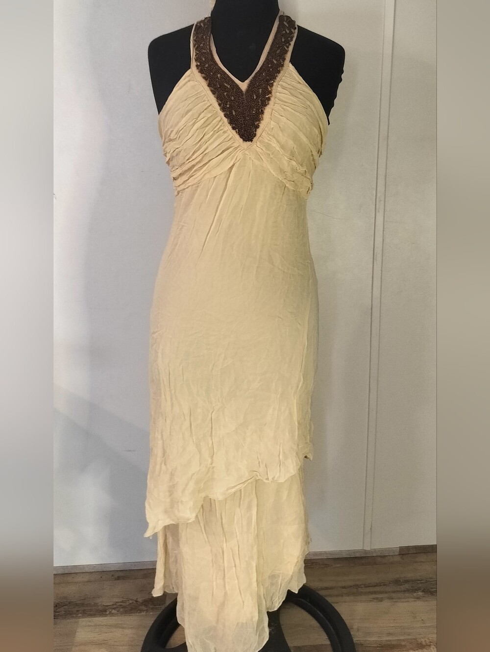 Papillon Blanc Cream High-Low Halter Dress with Brown Beaded Neckline